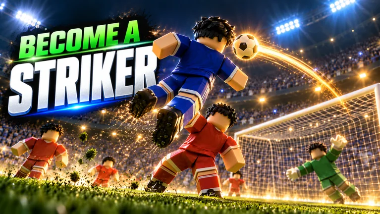 Official Become a Striker promotional artwork showing a blue-shirted Roblox footballer shooting in a stadium