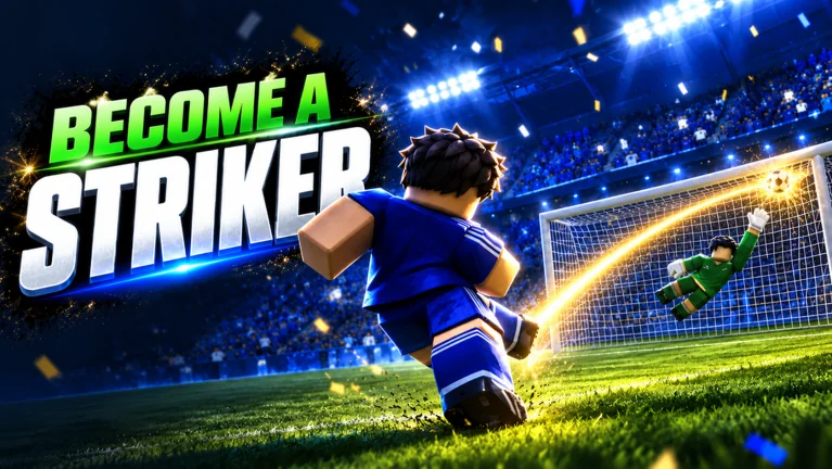Sub Studios promotional artwork of a blue-shirted Roblox footballer striking at goal
