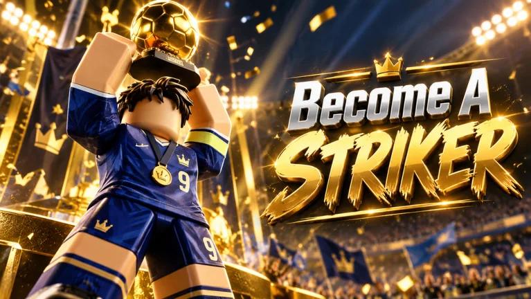 Official Become a Striker artwork showing a footballer lifting a golden football trophy