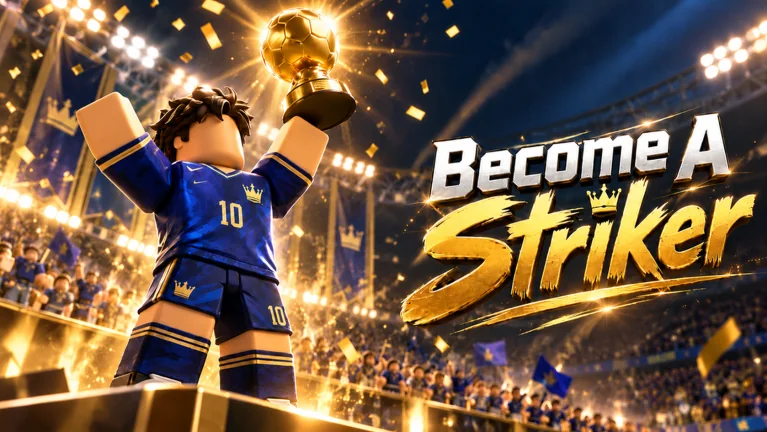 Official Become a Striker promotional image of a player celebrating with a trophy